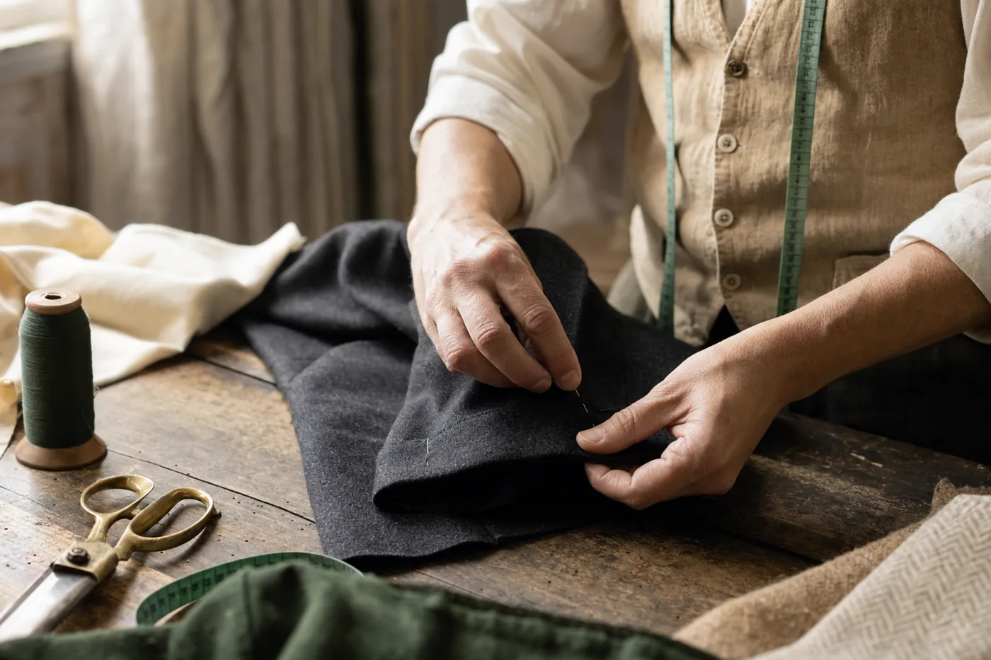 A tailor pinning a hem on dark wool trousers at a wooden work table with scissors, thread and a measuring tape