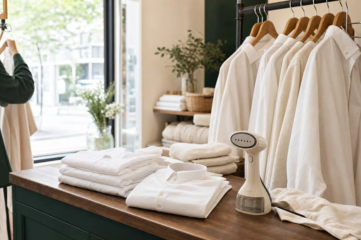 Freshly pressed white shirts on wooden hangers beside a garment steamer on a wooden counter in a sunlit dry cleaning shop